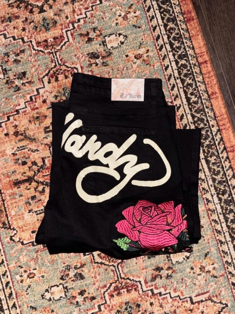 Ed Hardy Black Capri Pants with Embroidered Rose